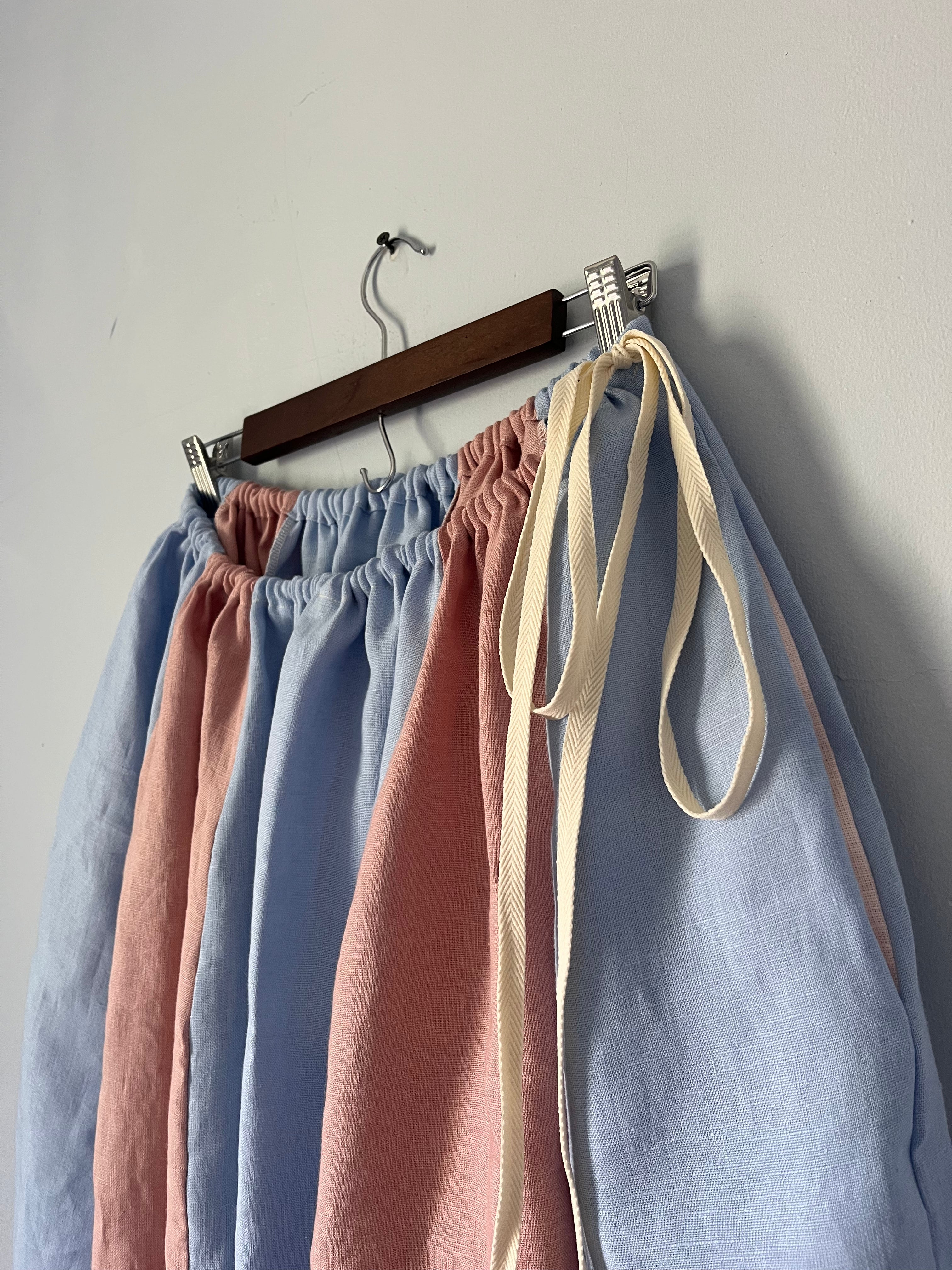 Drawstring Skirt, Linen, Blue and Pink Panel, with Pockets