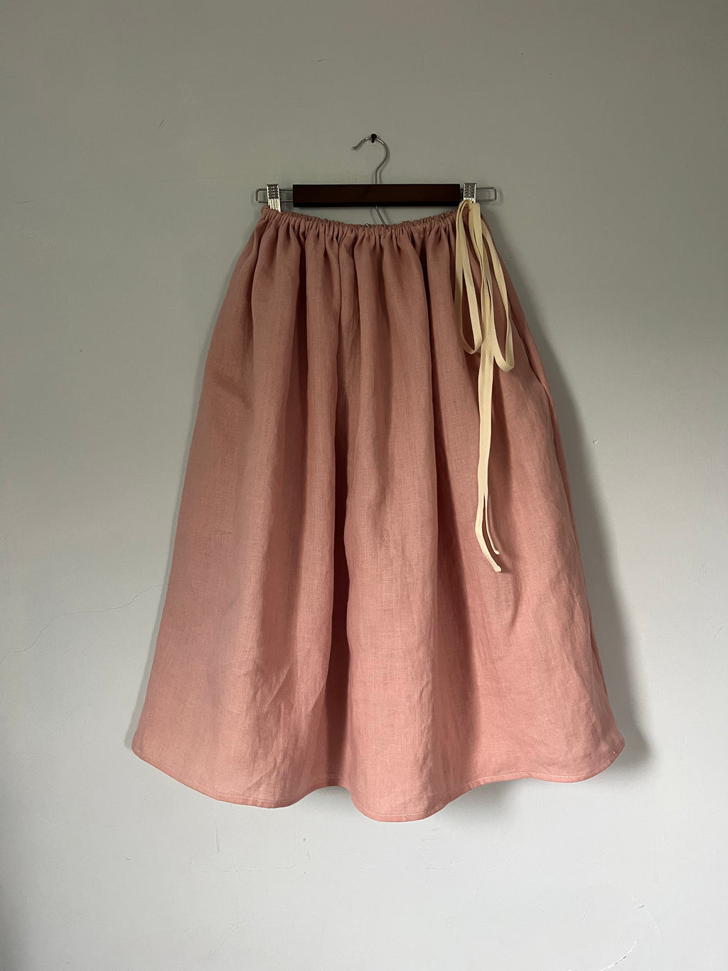 Drawstring Skirt, Linen, Rose, with Pockets