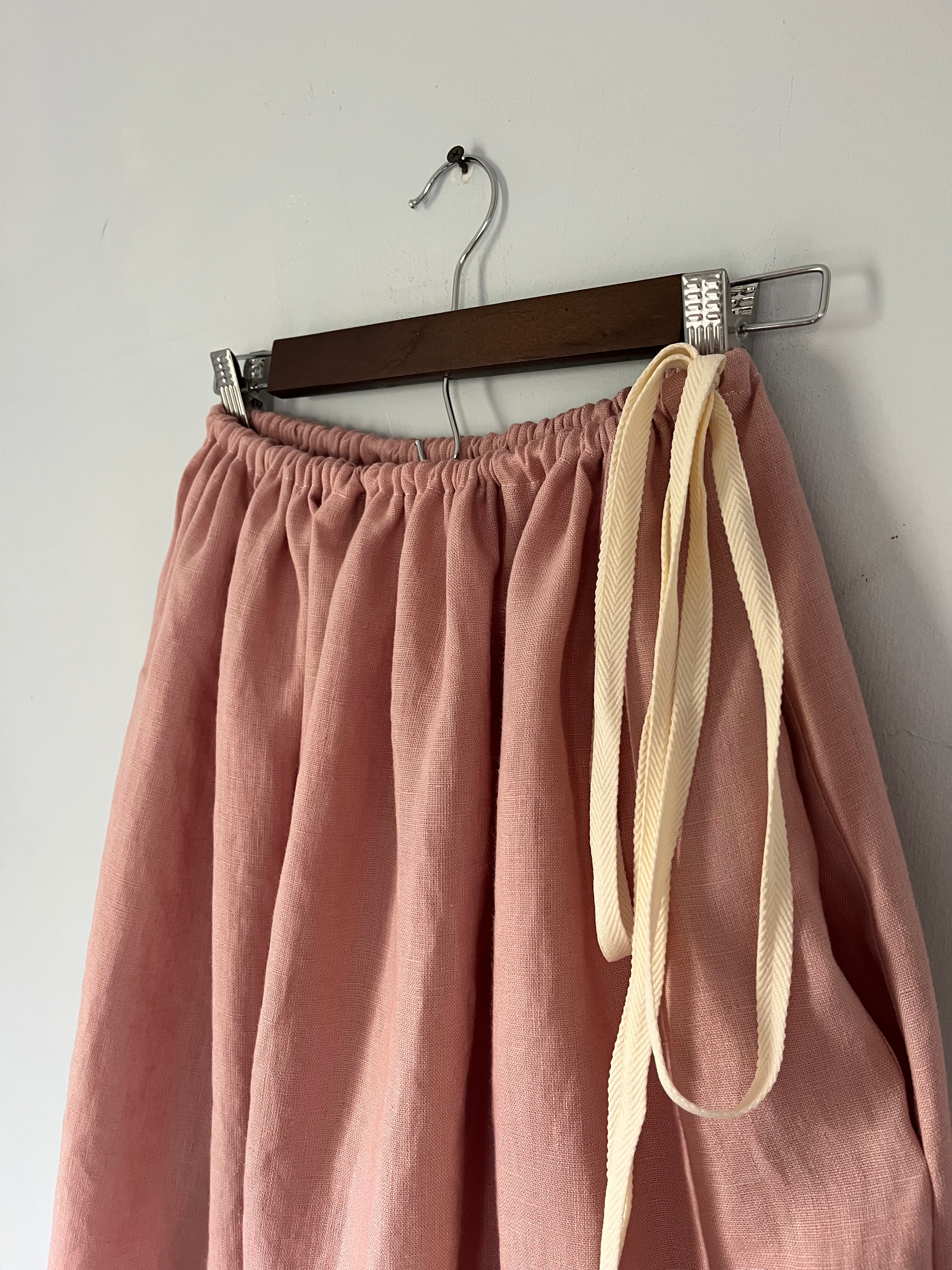 Drawstring Skirt, Linen, Rose, with Pockets
