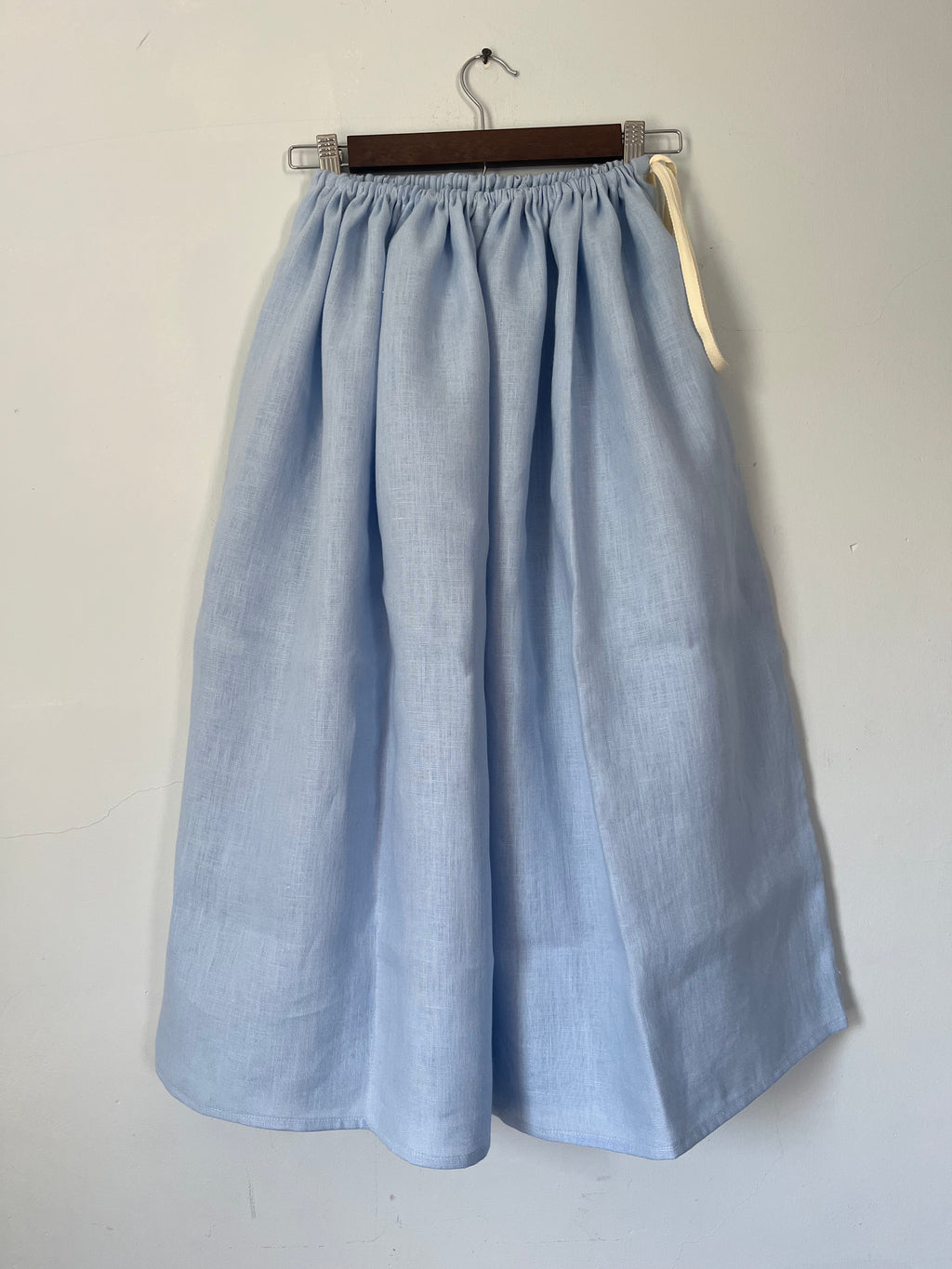 Drawstring Skirt, Linen, Light Blue, with Pockets