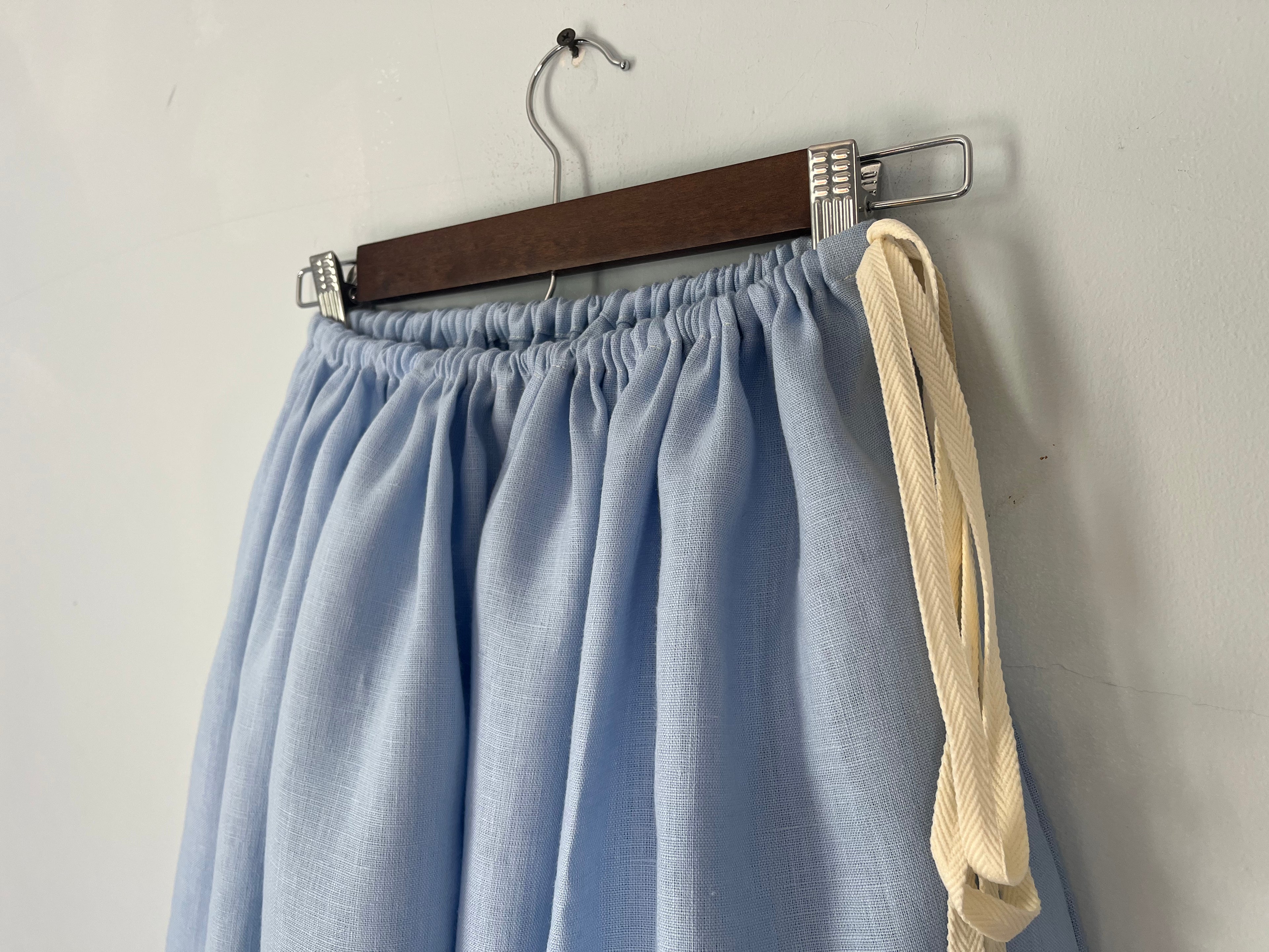 Drawstring Skirt, Linen, Light Blue, with Pockets